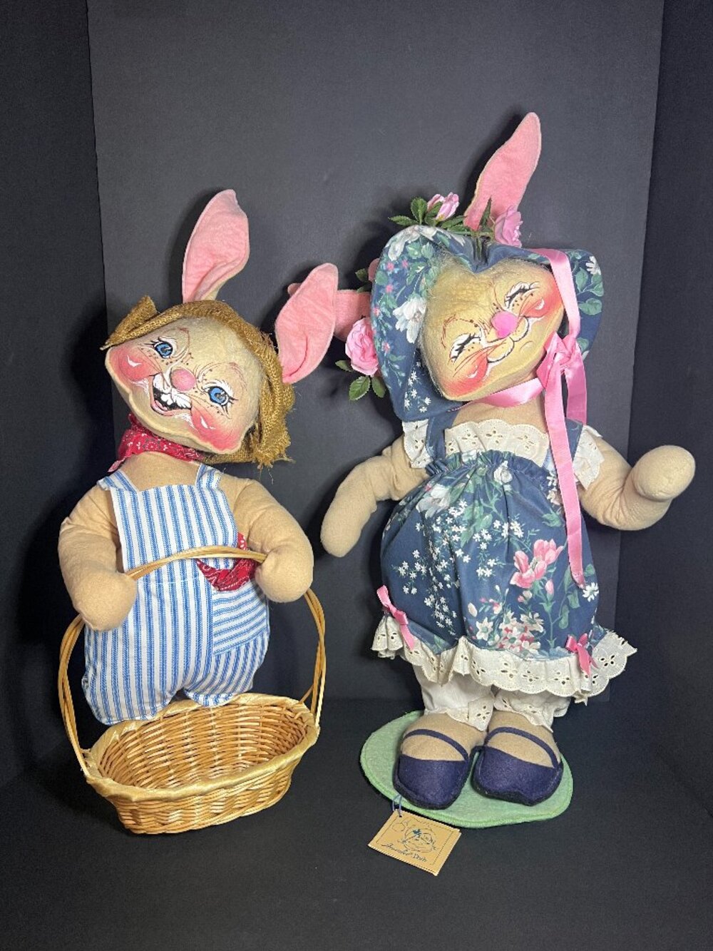 Vintage 1992 Annalee Large Plush Stuffed Easter Bunny Rabbits & Basket 17" & 20"